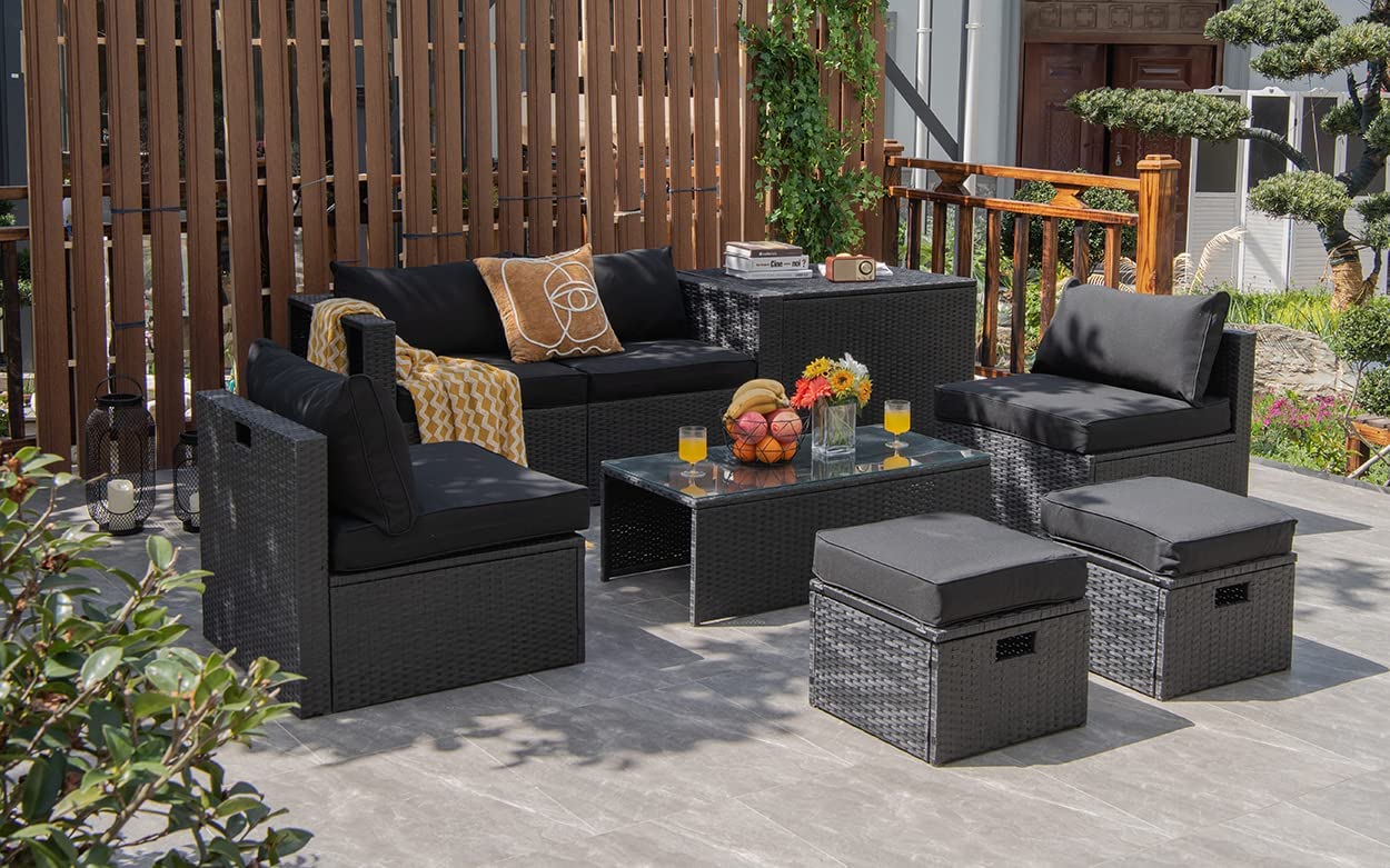 8-Piece Patio Furniture Set with Cover, 2 Ottomans, 2 Armless Sofas & Corner Sofas