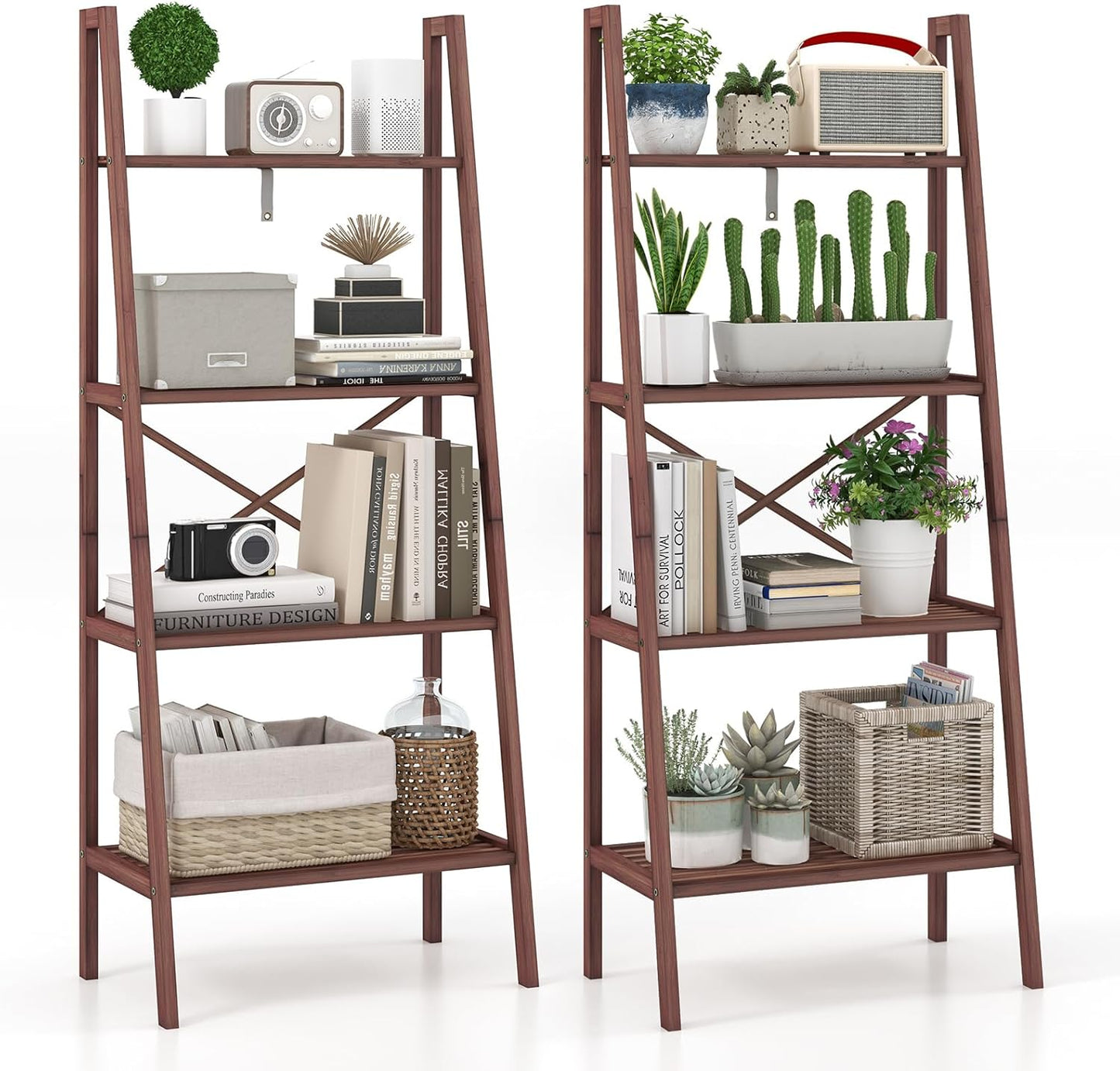 Tangkula 4 Tier Bamboo Ladder Bookshelf, Freestanding Plant Display Stand
