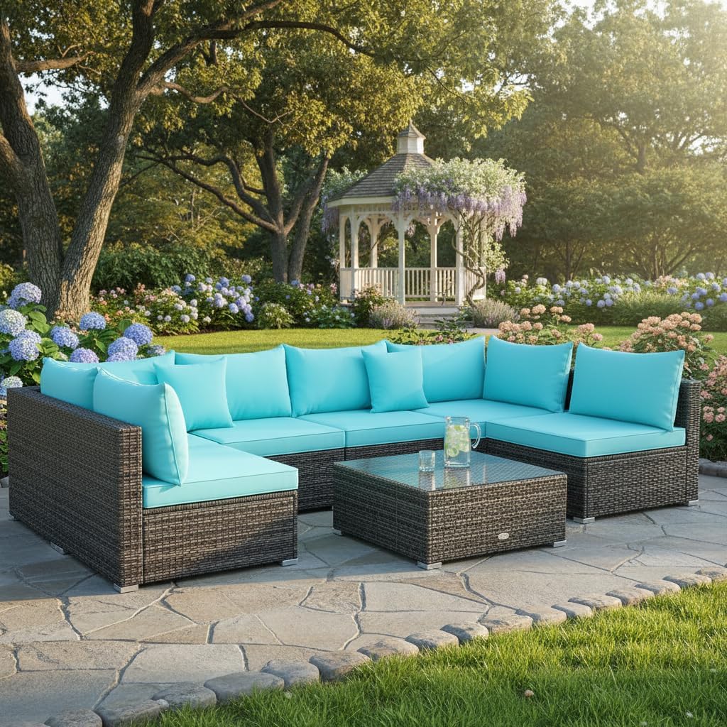 Ensemble de meubles de patio en osier Tangkula 7 pièces, ensemble de canapés pour 6 personnes avec siège, 2 coussins décoratifs
