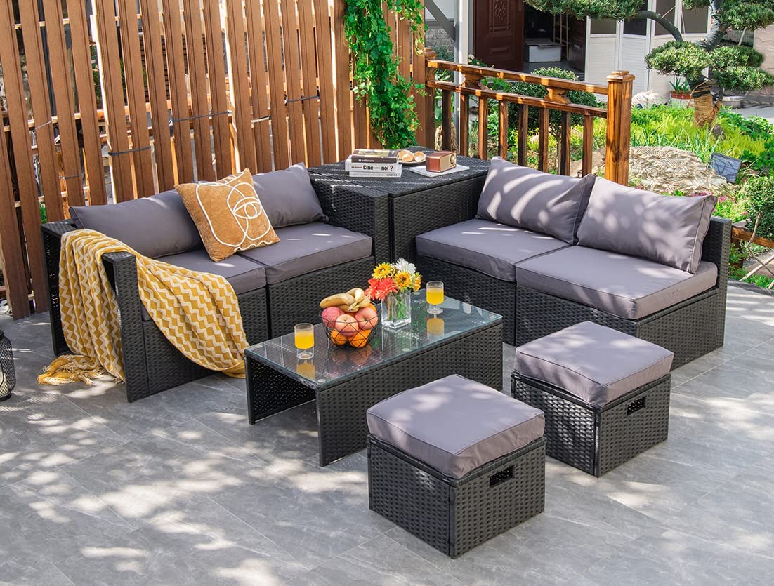 8-Piece Patio Furniture Set with Cover, 2 Ottomans, 2 Armless Sofas & Corner Sofas