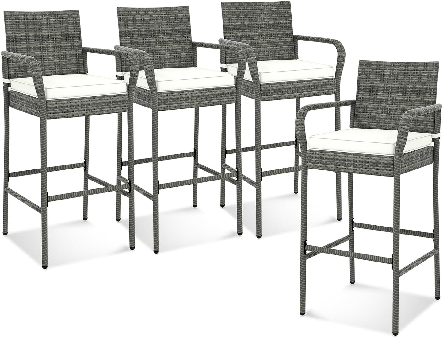 Tangkula Patio Wicker Barstools Set of 2, Outdoor PE Rattan Bar Chairs with Armrests & Soft Cushions