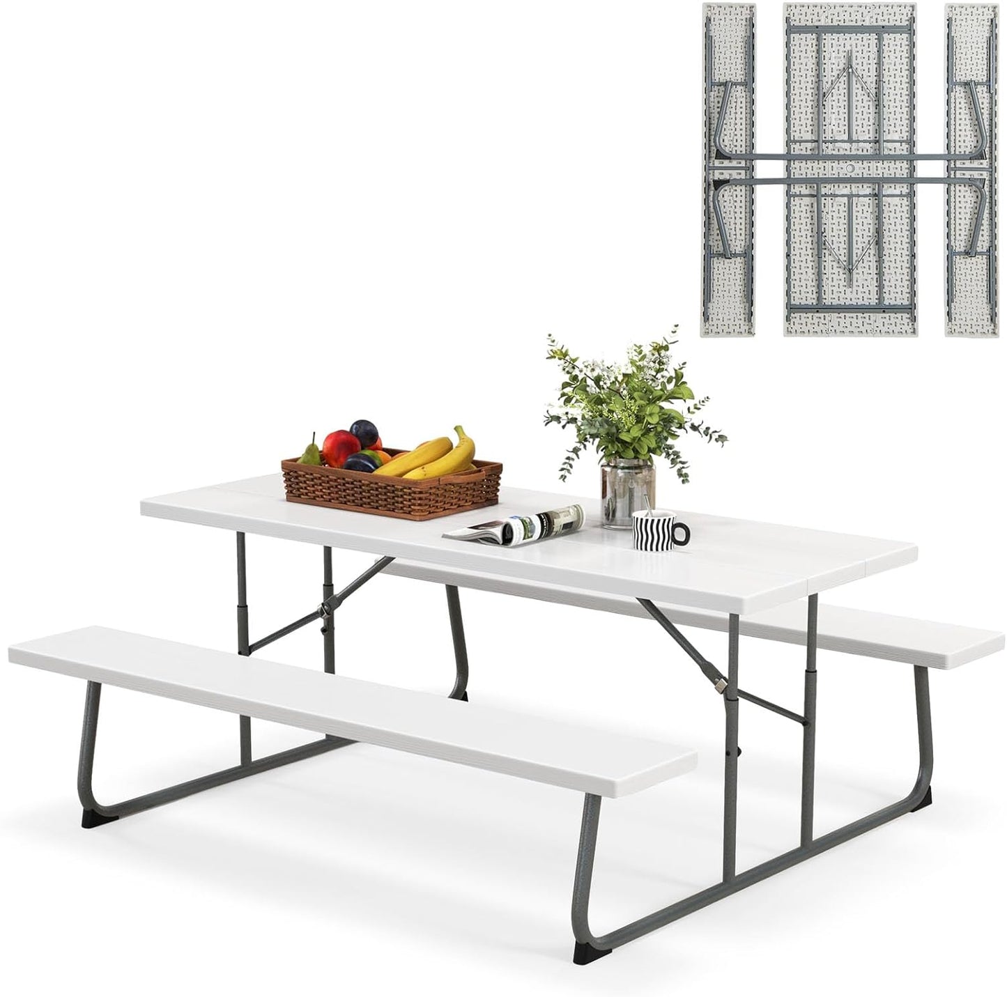 Table de pique-nique pliante Tangkula de 1,8 m, Table de pique-nique d'extérieur avec 2 bancs intégrés, Trou pour parasol