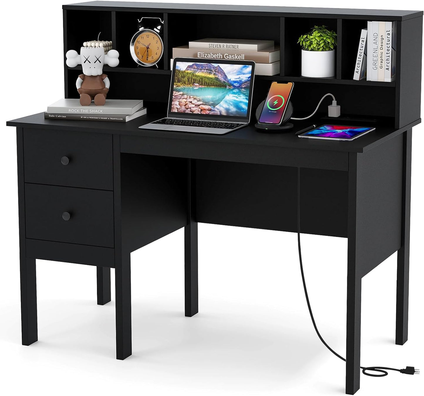 Bureau d'ordinateur Tangkula avec tiroirs et étagère, bureau d'étude et d'écriture moderne pour bureau à domicile avec station de charge