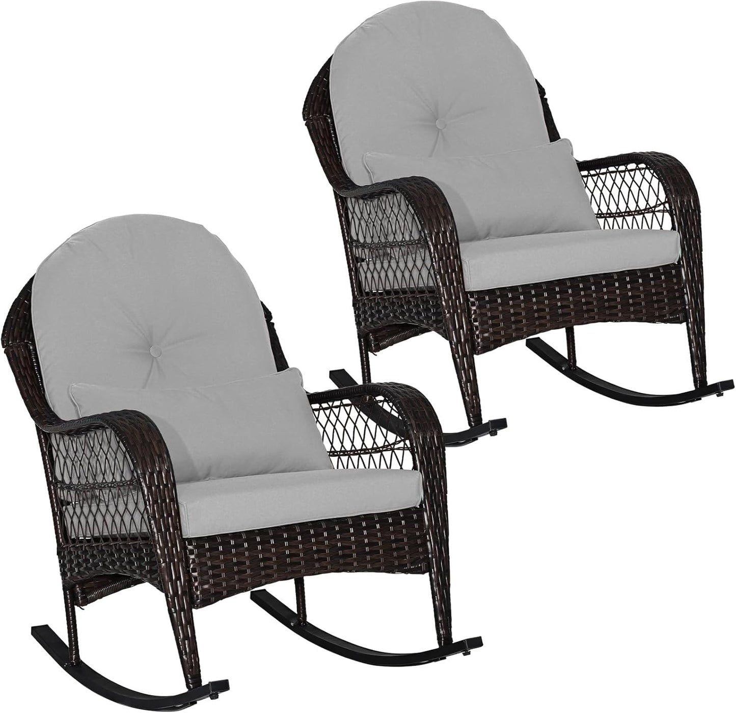 Patio Wicker Rocking Chair, Outdoor PE Rattan Rocker with Seat and Back Cushion