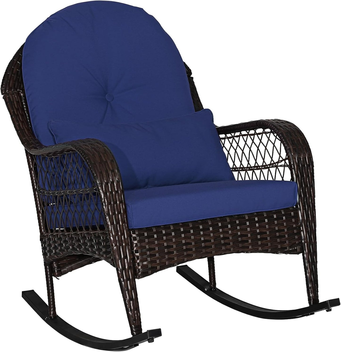 Patio Wicker Rocking Chair, Outdoor PE Rattan Rocker with Seat and Back Cushion