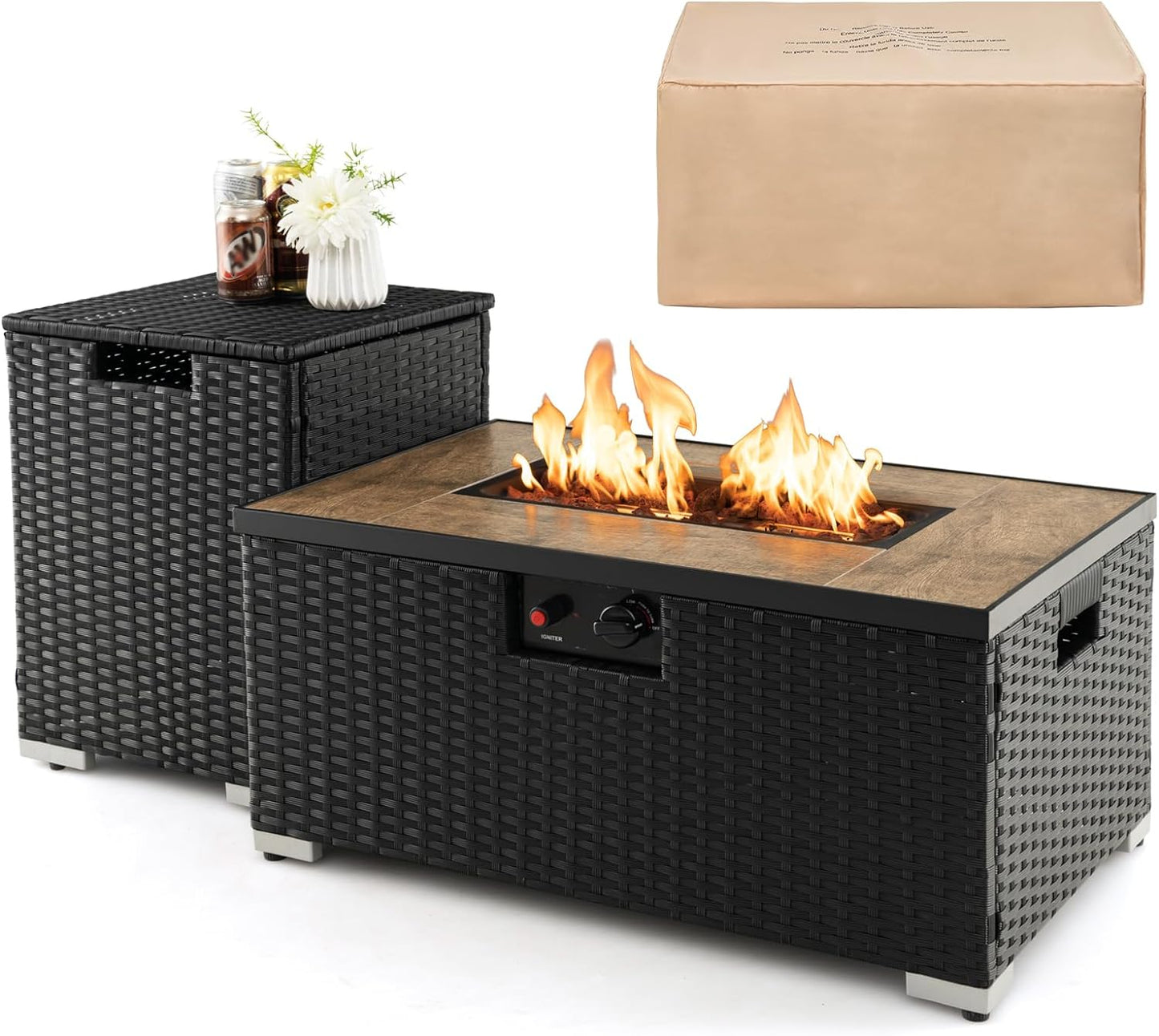 Tangkula 2 Piece Outdoor Propane Fire Pit Table Set with Hideaway Propane Tank Holder