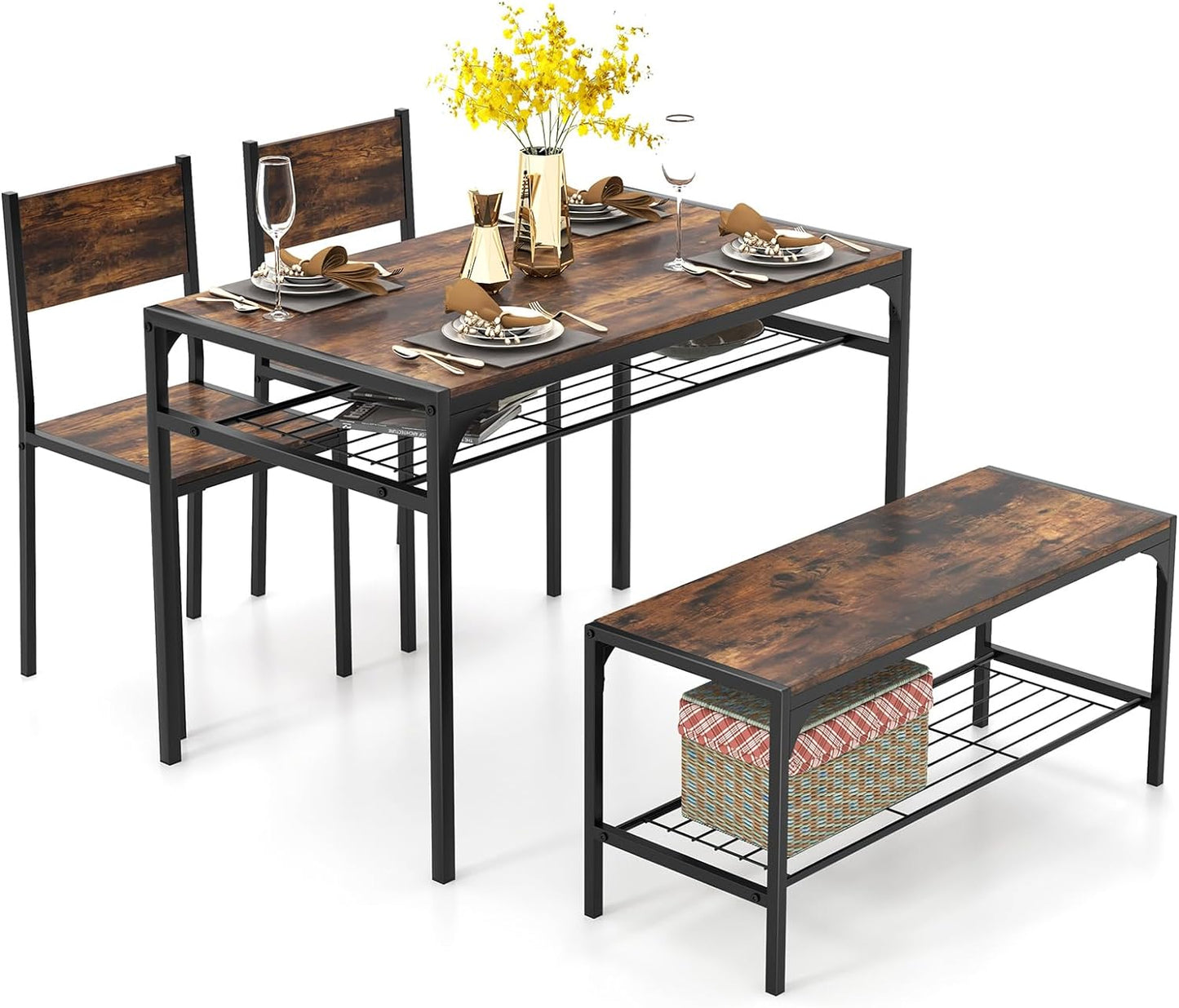 Tangkula Dining Table Set for 4, Kitchen Table with Bench and Chairs, Additonal Storage Rack