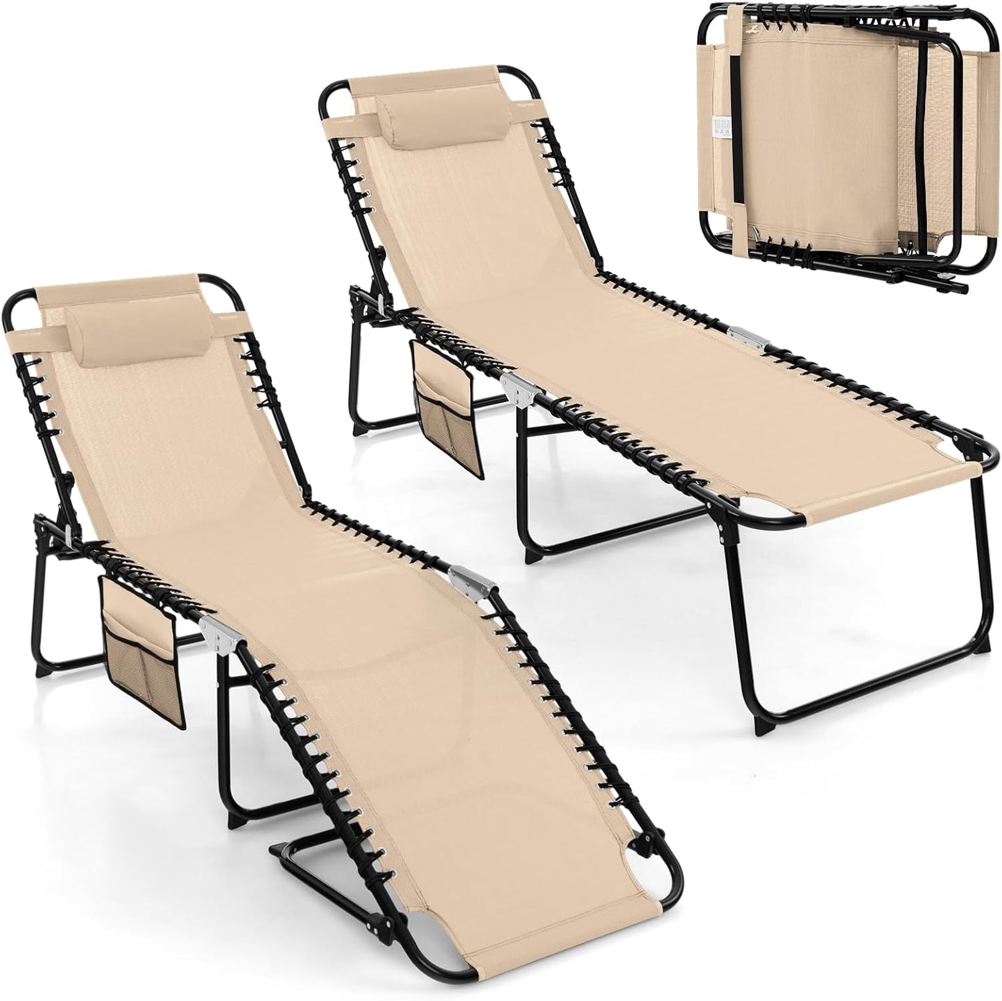 Tangkula Foldable Beach Lounge Chair for Outdoor, Reclining Chair with Removable Headrest
