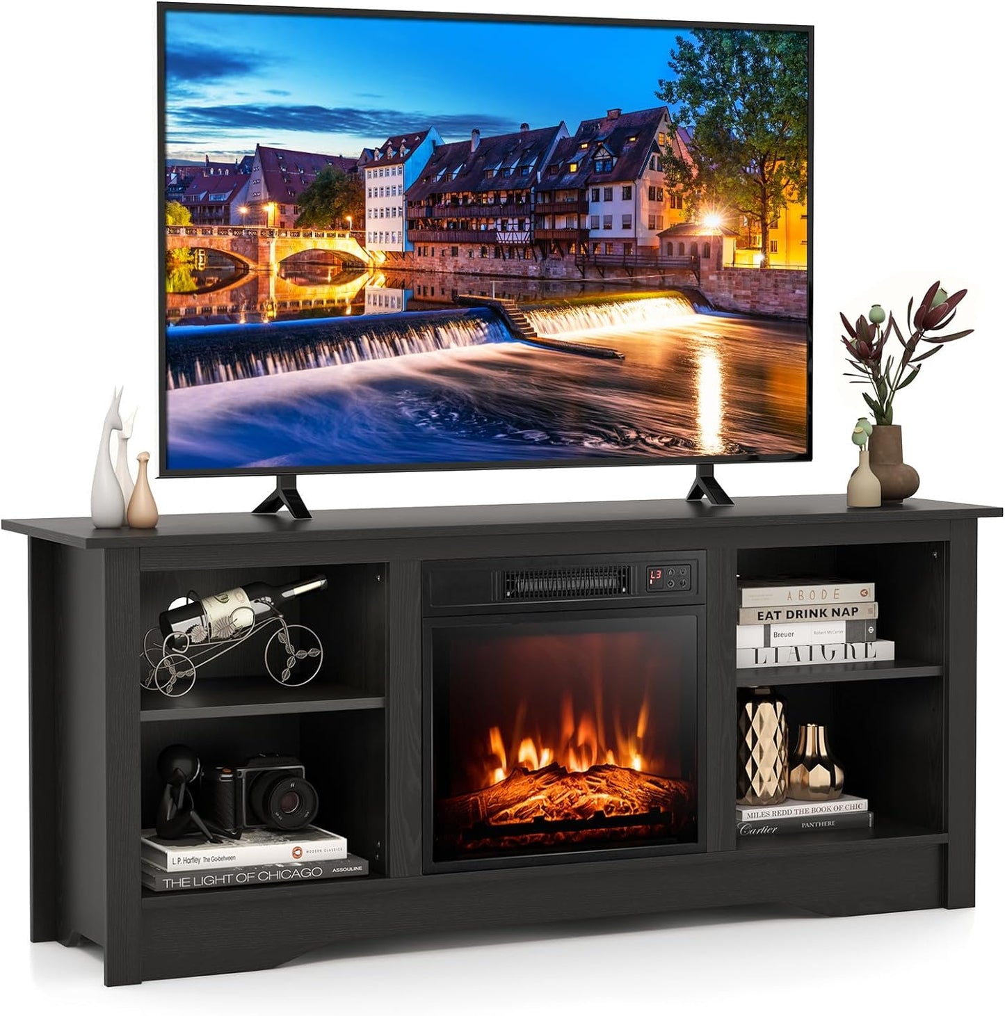 Meuble TV Tangkula avec cheminée électrique 18 pouces, pour téléviseurs à écran plat jusqu'à 65 pouces avec étagères réglables