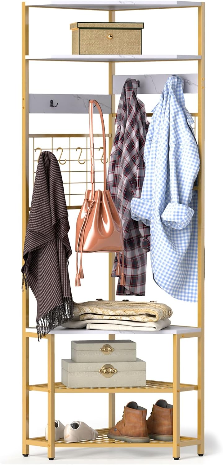 Tangkula 5-Tier Corner Hall Tree with Shoe Storage Bench