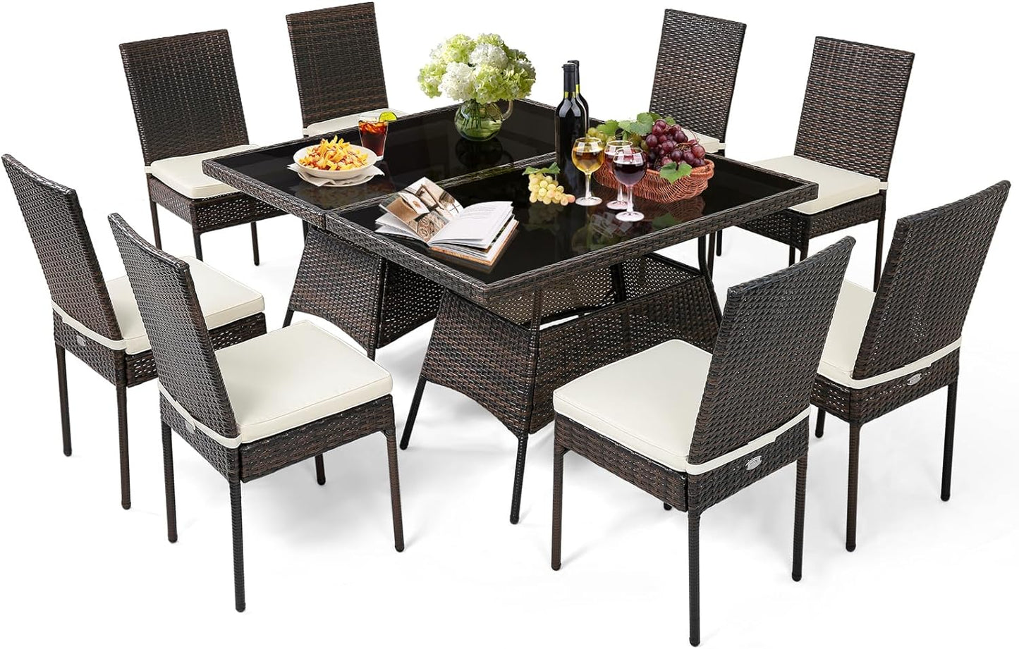Tangkula 10 Pieces Wicker Patio Dining Set, Outdoor Rattan Table & Chairs Set with Padded Cushions