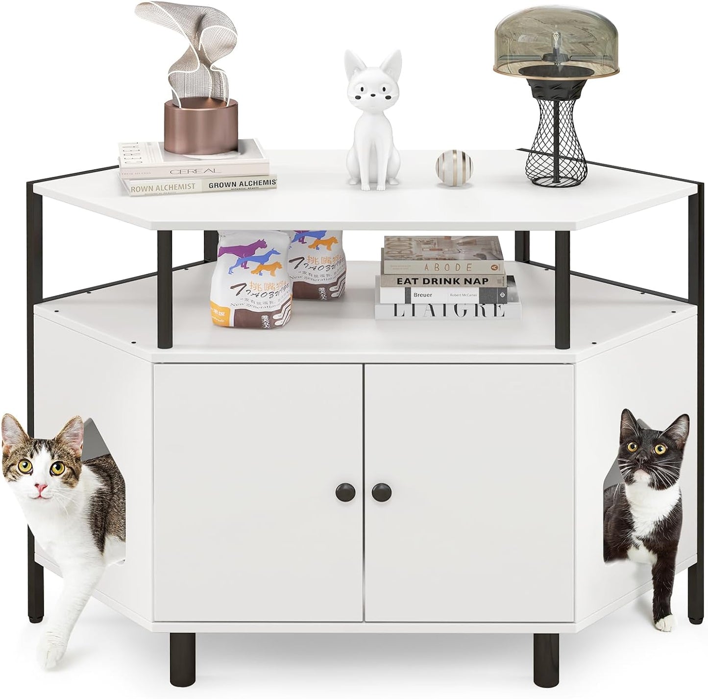 Tangkula Corner Cat Litter Box Enclosure, Decorative Pet Cabinet Furniture with Open Shelf, 2 Entrances