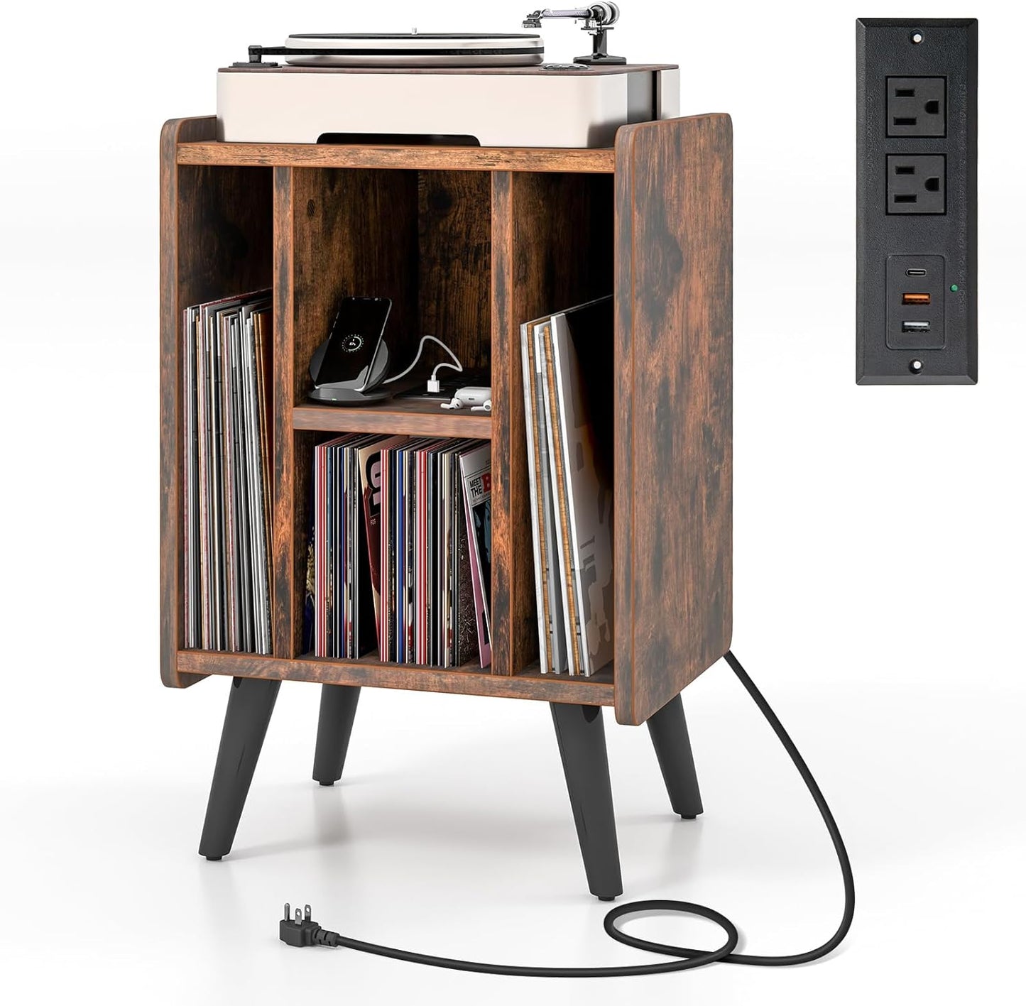 Meuble pour tourne-disque Tangkula avec station de charge et ports USB, table de chevet/d'appoint, 68,6 cm de hauteur