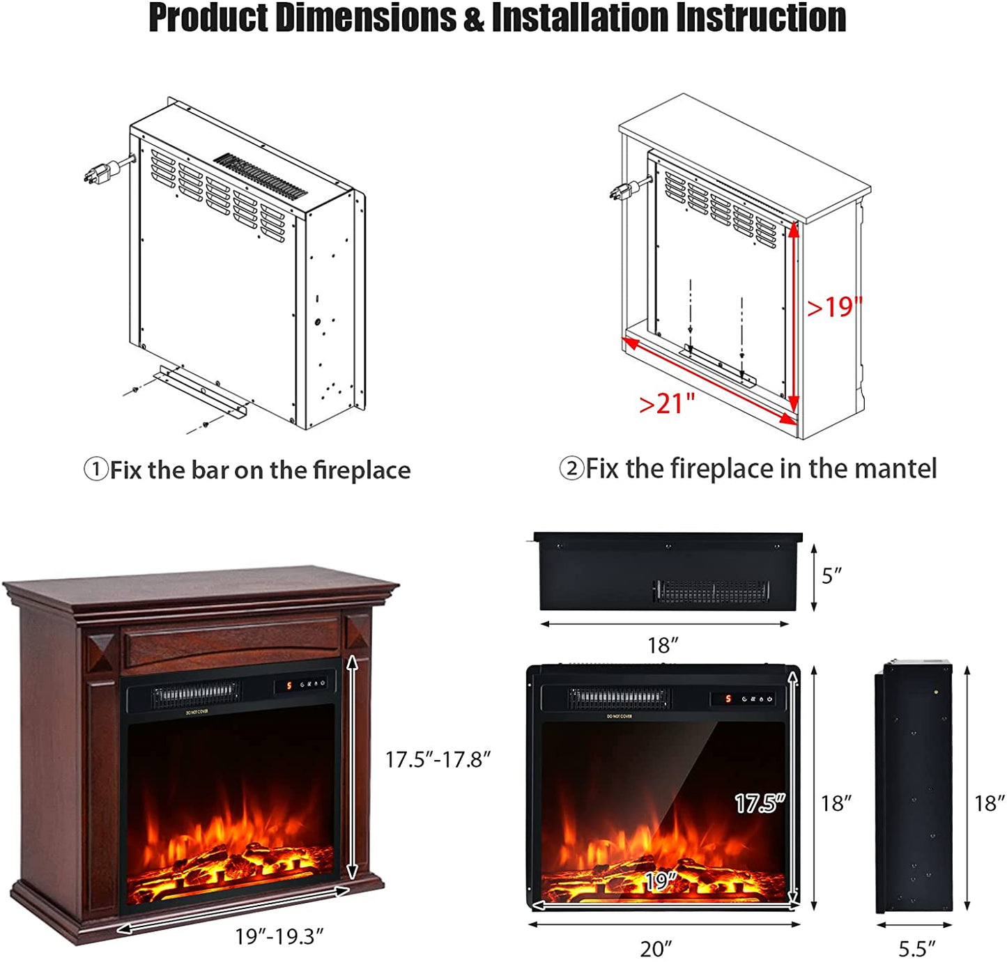 Tangkula Electric Fireplace Insert, Freestanding & Recessed Electric Fireplace Heater with Remote Control