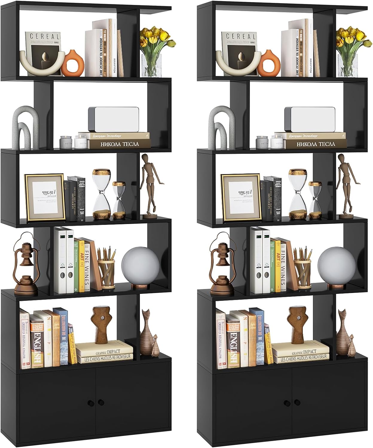 Tangkula S Shaped Bookshelf with Cabinet, 6-Tier Bookcase with Doors, Freestanding Geometric Bookshelves for Living Room