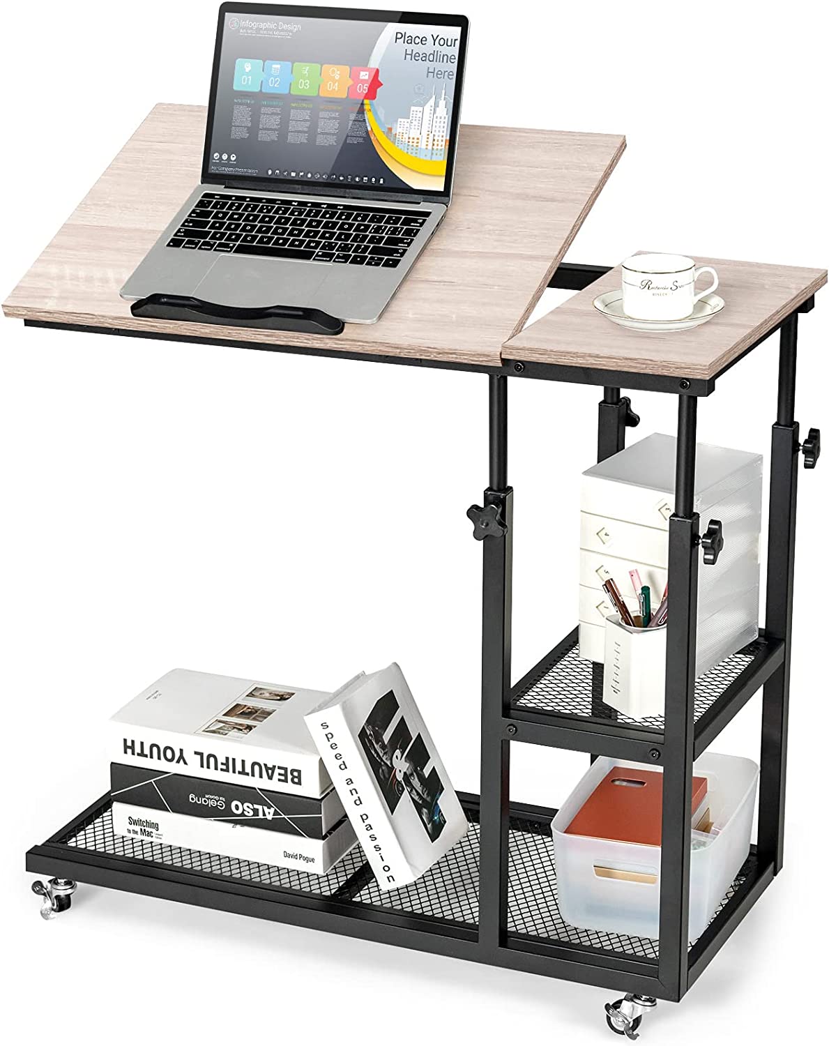 Tangkula Height Adjustable C Shaped End Table with Lockable Wheels