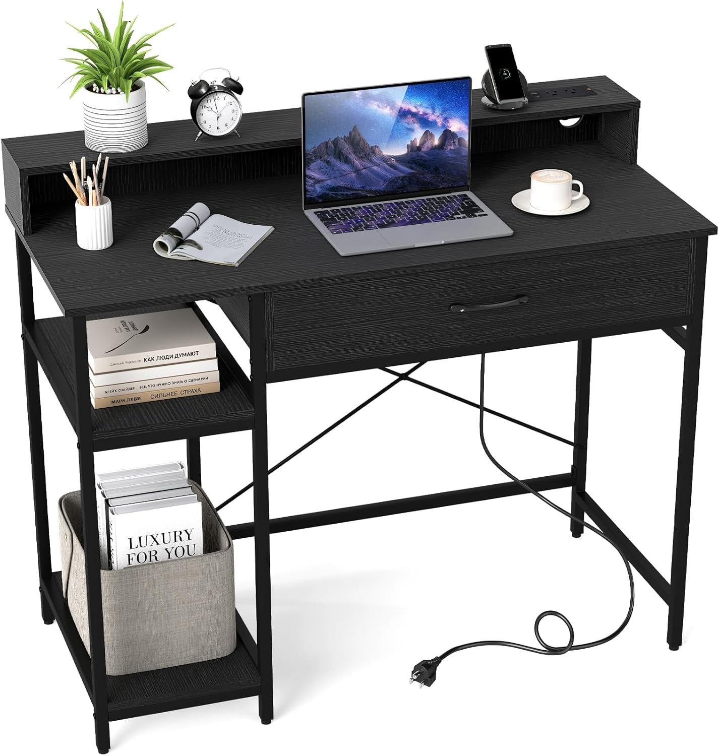 Tangkula Petit bureau d'ordinateur 42" avec prises de courant, étagère supérieure, tiroir et 2 étagères ouvertes