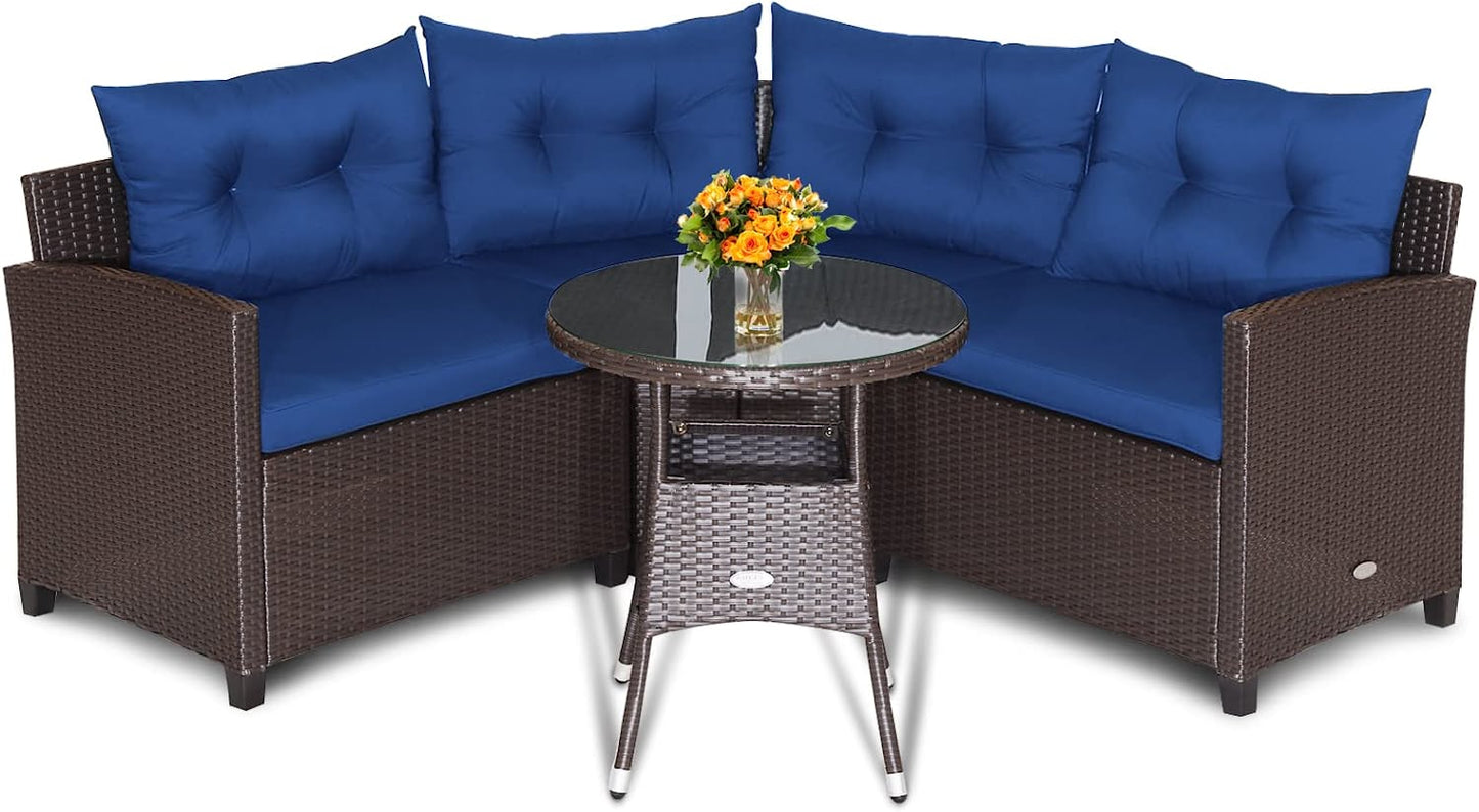 Tangkula 4 Piece Outdoor Sofa Set, Patio Rattan Corner Chair Set W/Round Side Table