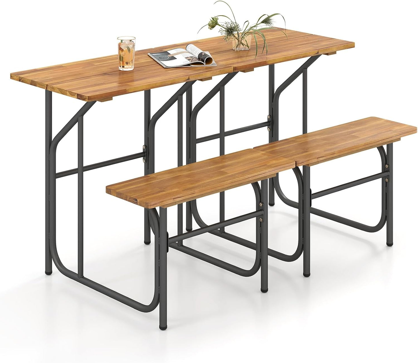 Tangkula Heavy-Duty Outdoor Acacia Wood Dining Bench Set