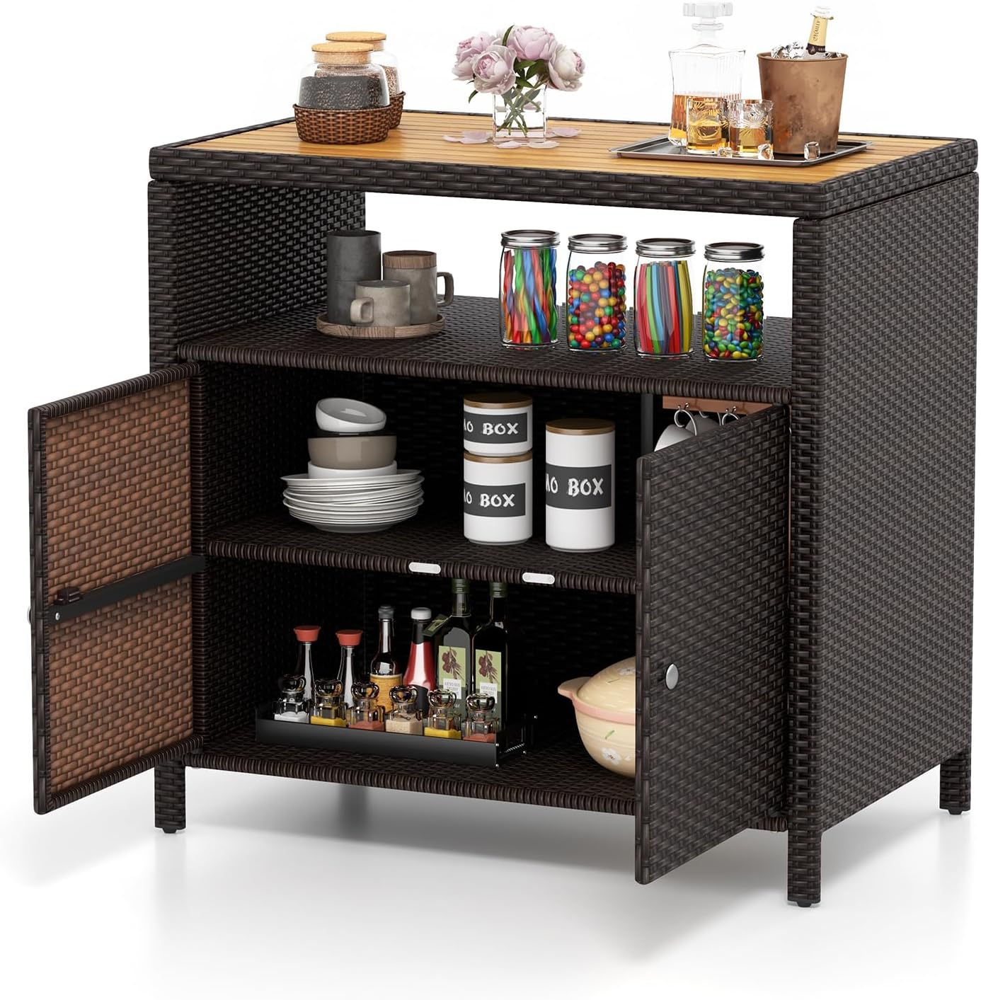Tangkula Rattan Storage Cabinet, Outdoor Patiojoy Buffet Cabinet with Acacia Wood Countertop