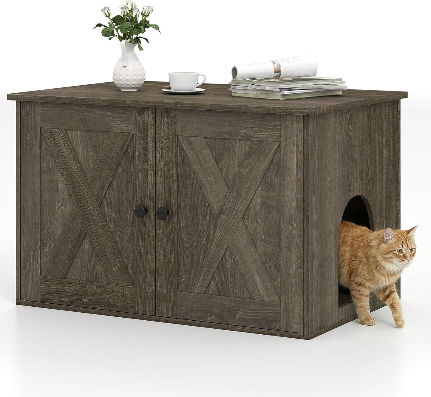 Tangkula Cat Litter Box Enclosure | Hidden Cat Washroom Cabinet with Double Doors