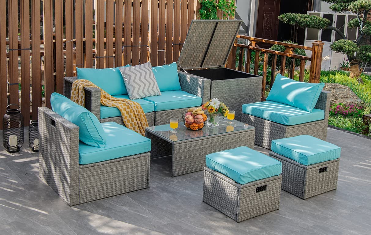 8-Piece Patio Wicker Furniture Set, Coffee Table, 2 Ottomans, 2 Armless Sofas & 2 Corner Sofas
