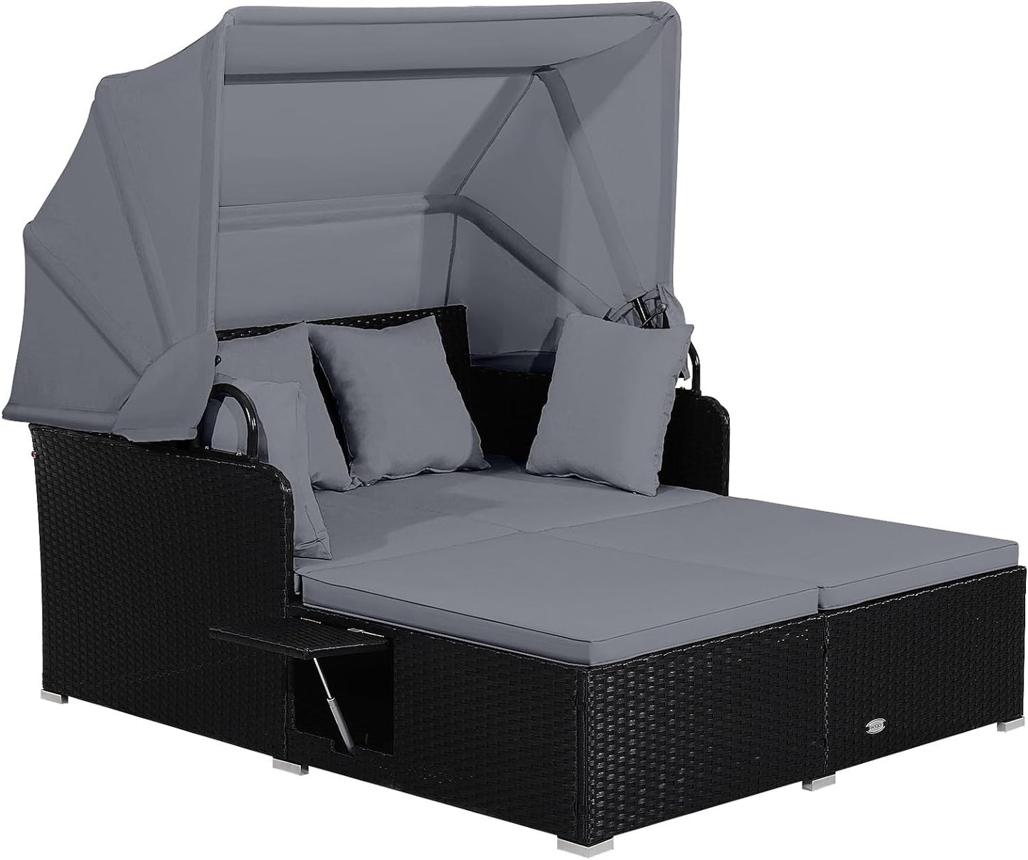 Tangkula Patio Rattan Daybed, Patiojoy Wicker Daybed Loungerw/Retractable Canopy, 2 Foldable Side Panels