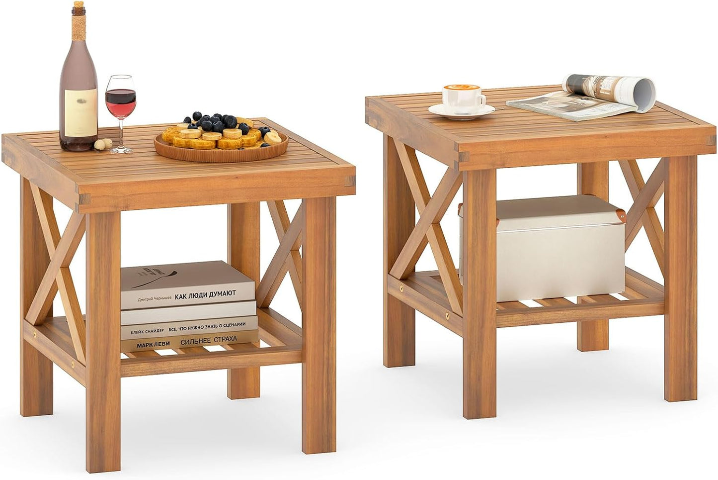Tangkula Outdoor Side Table with Storage Shelf for Small Space