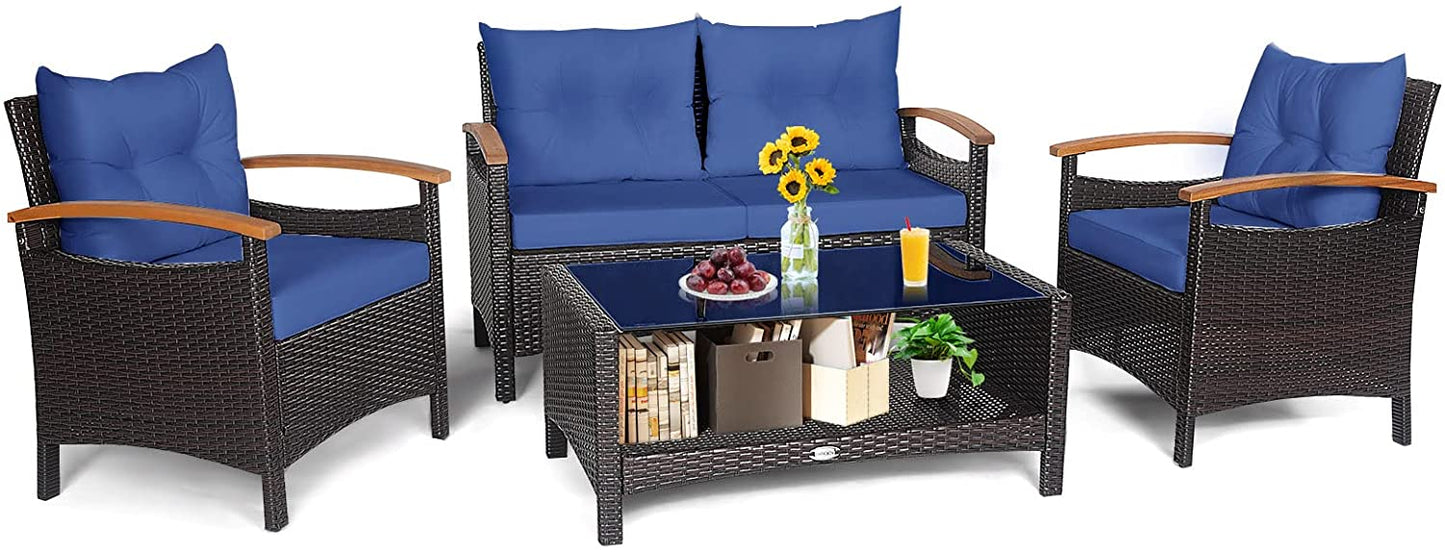 4 Piece Patio Rattan Conversation Set, Outdoor Wicker Sofa Set W/2-Layer Coffee Table