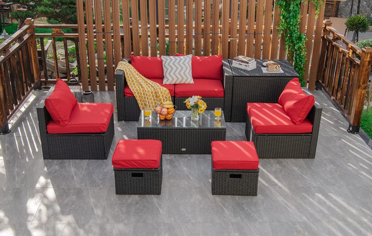 8-Piece Patio Furniture Set with Cover, 2 Ottomans, 2 Armless Sofas & Corner Sofas