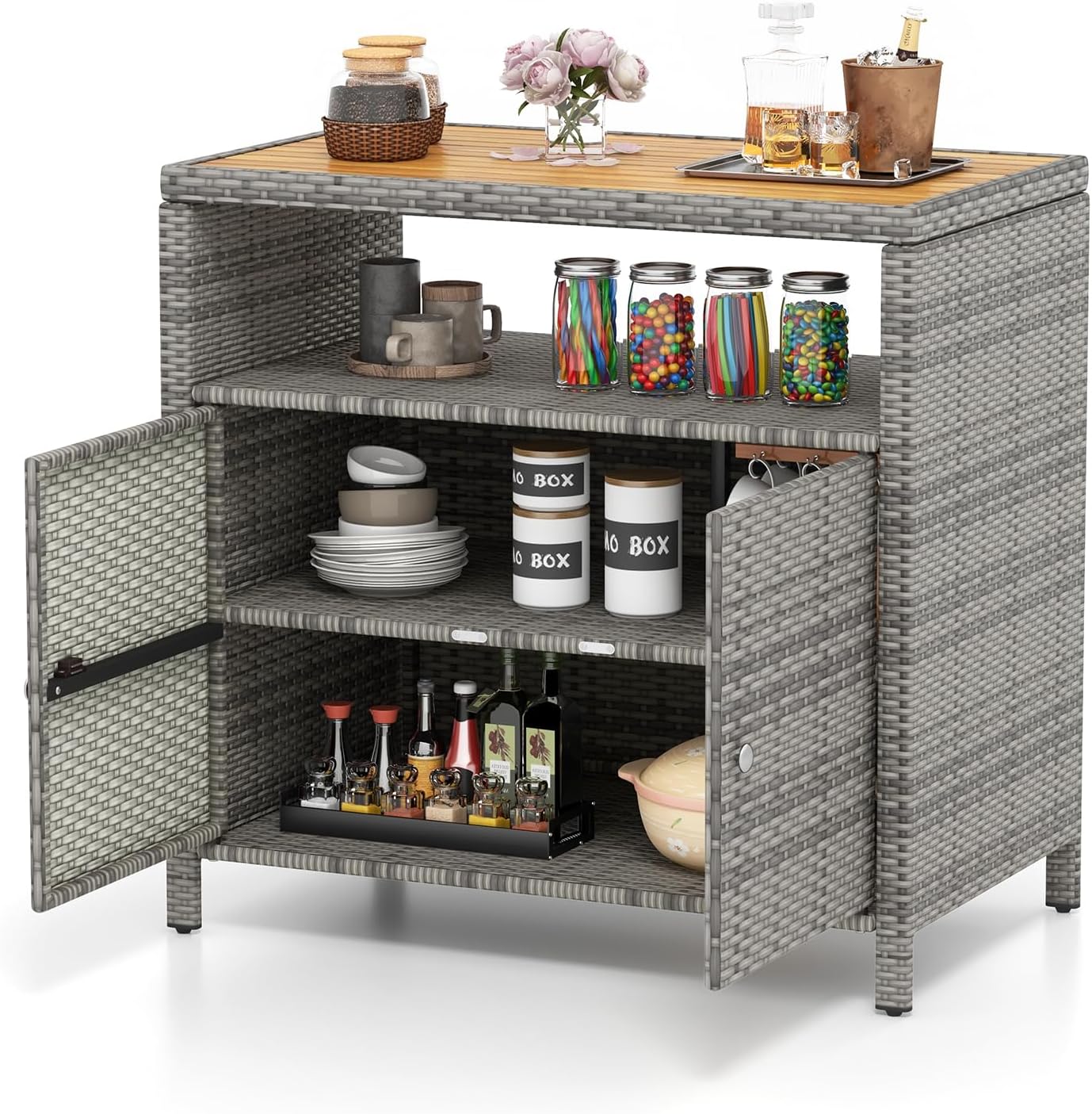 Tangkula Rattan Storage Cabinet, Outdoor Patiojoy Buffet Cabinet with Acacia Wood Countertop