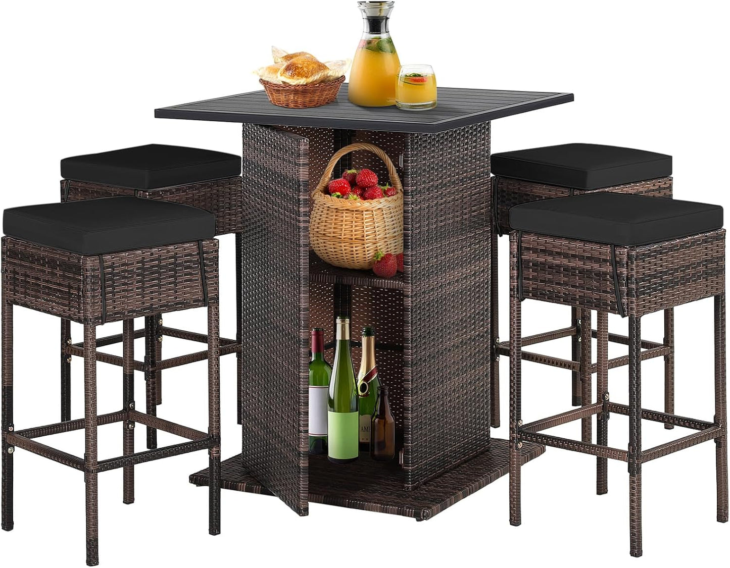 Tangkula 5 Piece Outdoor Rattan Bar Set, Patio Bar Furniture with 4 Cushions Stools and Smooth Top Table