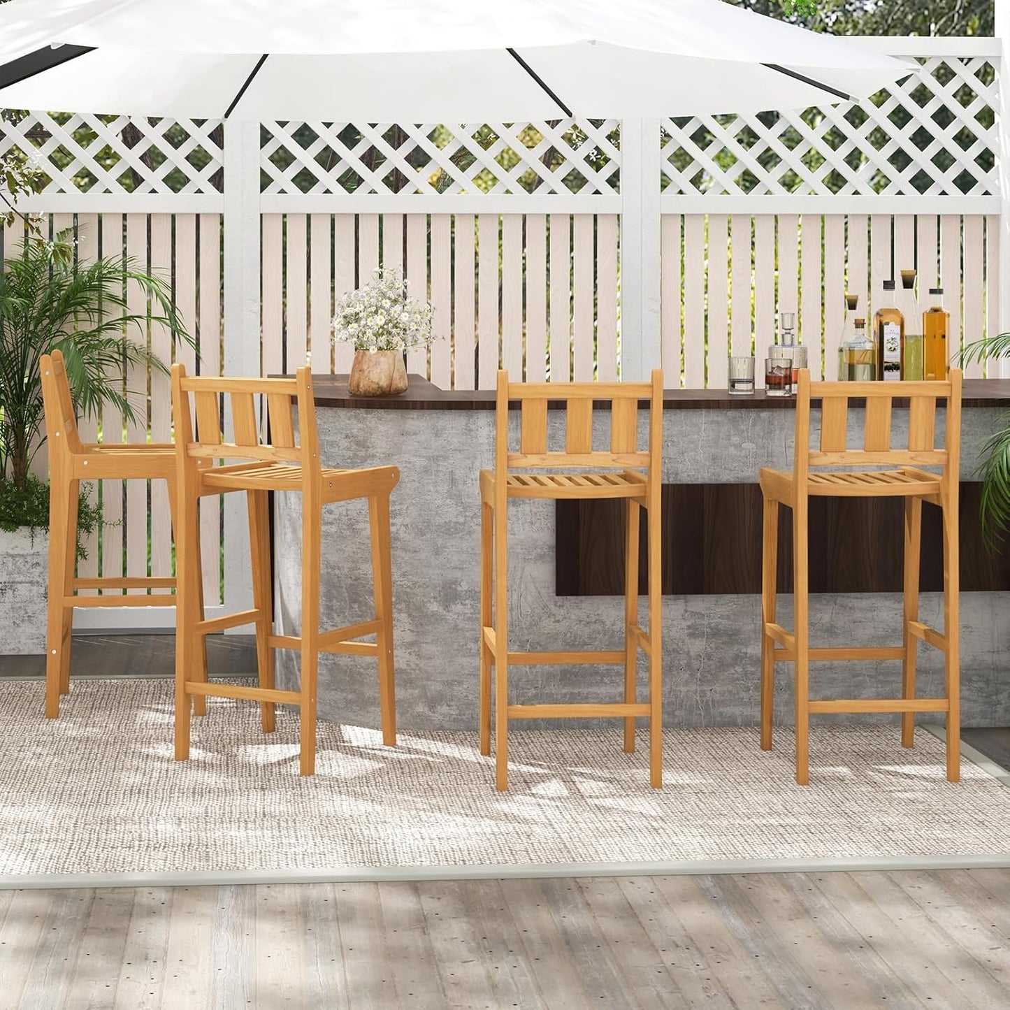 Tangkula Teak Wood Bar Stool, 30” Bar Chair with Footrest & Backrest