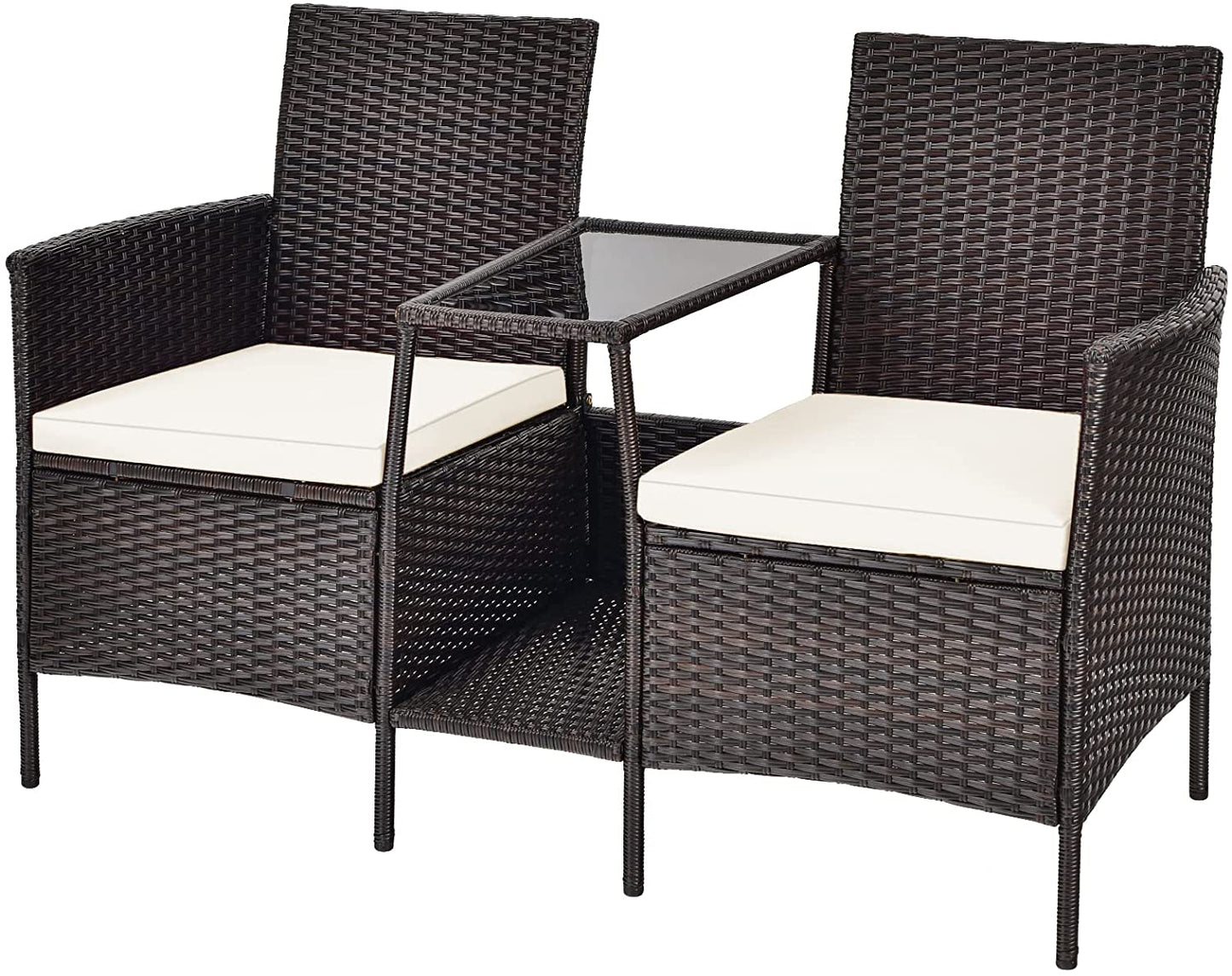 PE Wicker Outdoor Furniture Set, 2 Cushioned Seats and Tempered Glass Table
