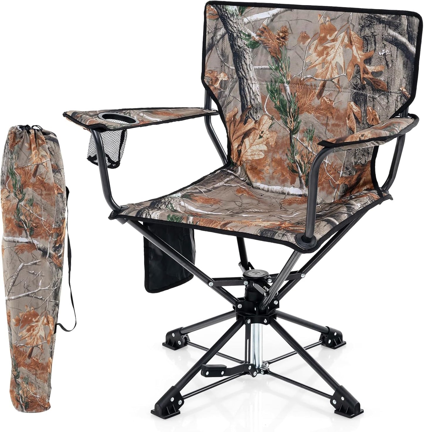 Tangkula Swivel Camping Chair, Portable Lawn Chair with Cup Holder, Storage Pocket, Carrying Bag