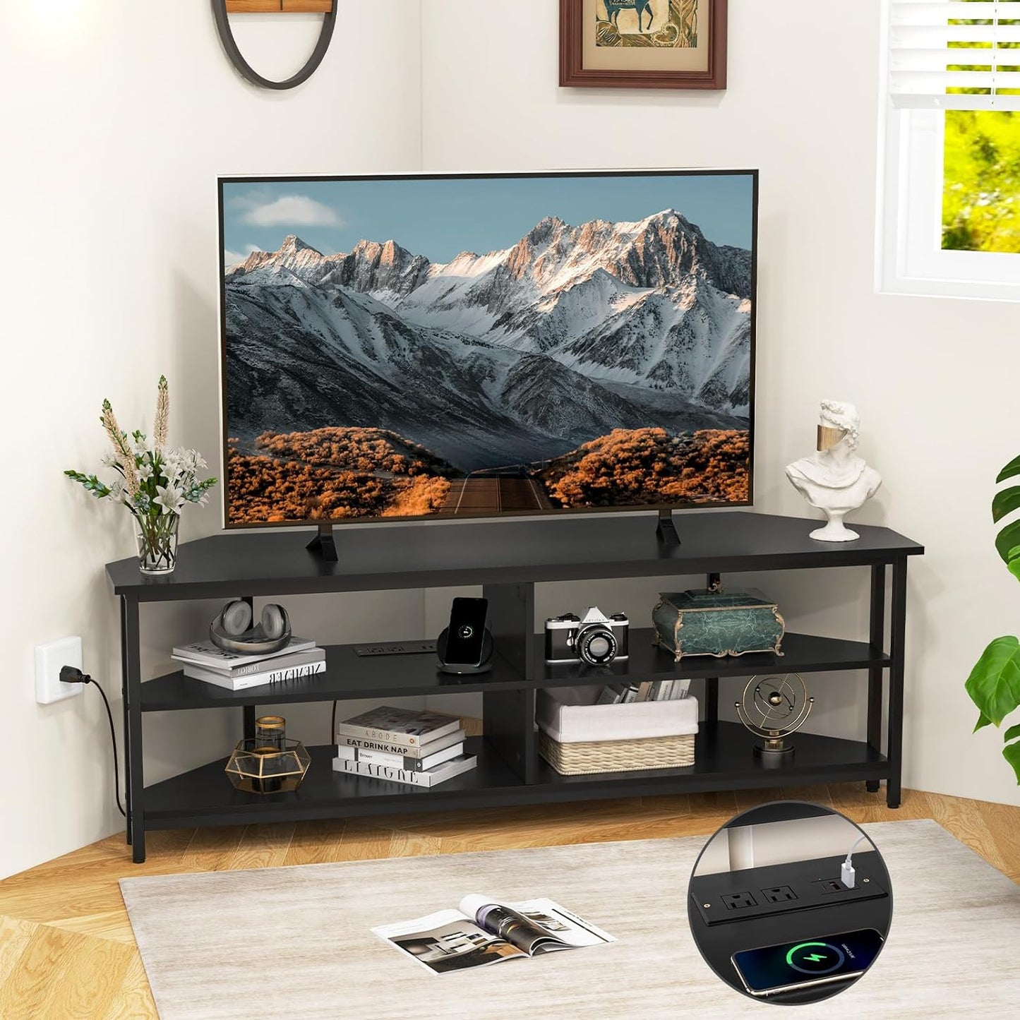 Tangkula Corner TV Stand for TVs up to 65”, TV Console Table w/AC Outlets, USB A Ports, USB C Port