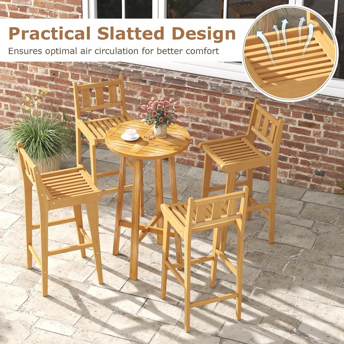 Tangkula Teak Wood Bar Stool, 30” Bar Chair with Footrest & Backrest