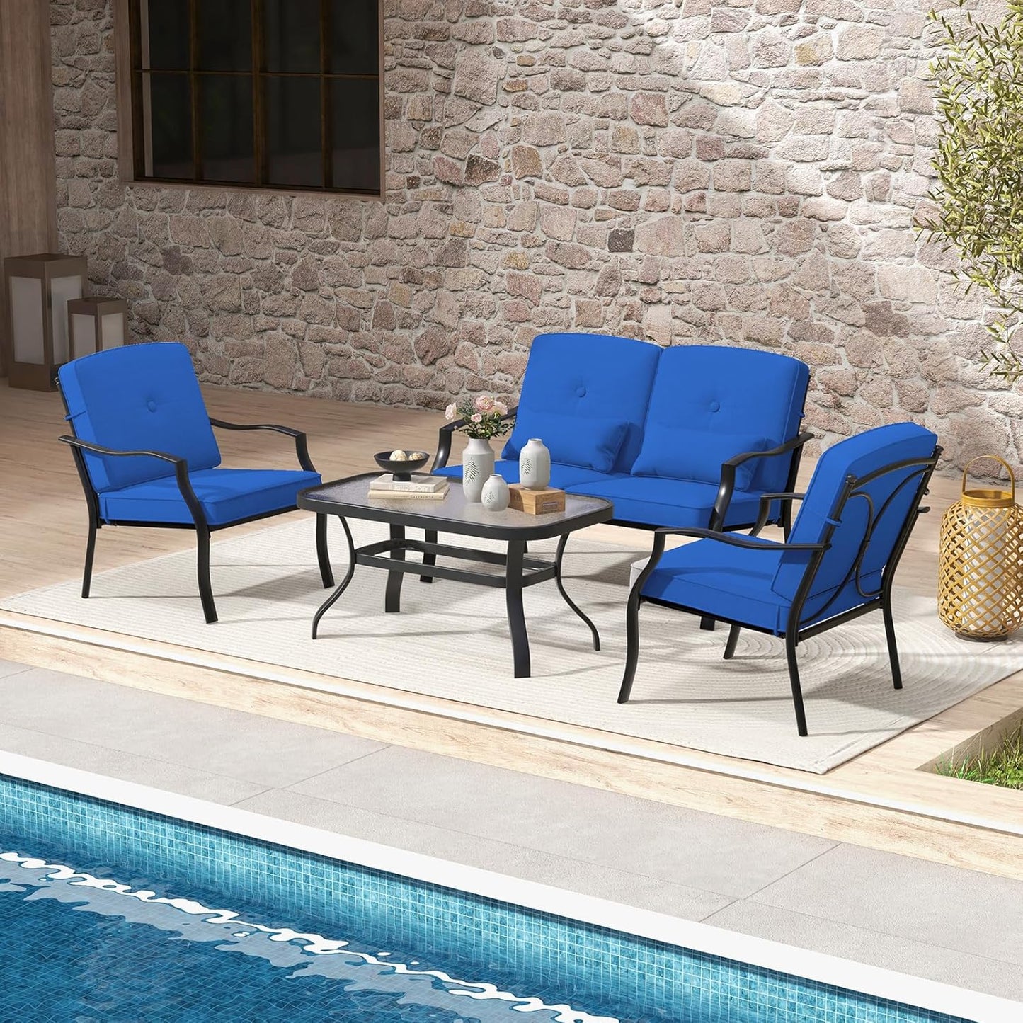 Ensemble de meubles de patio Tangkula 4 pièces, ensemble de conversation extérieur robuste avec coussins rembourrés doux et oreillers lombaires