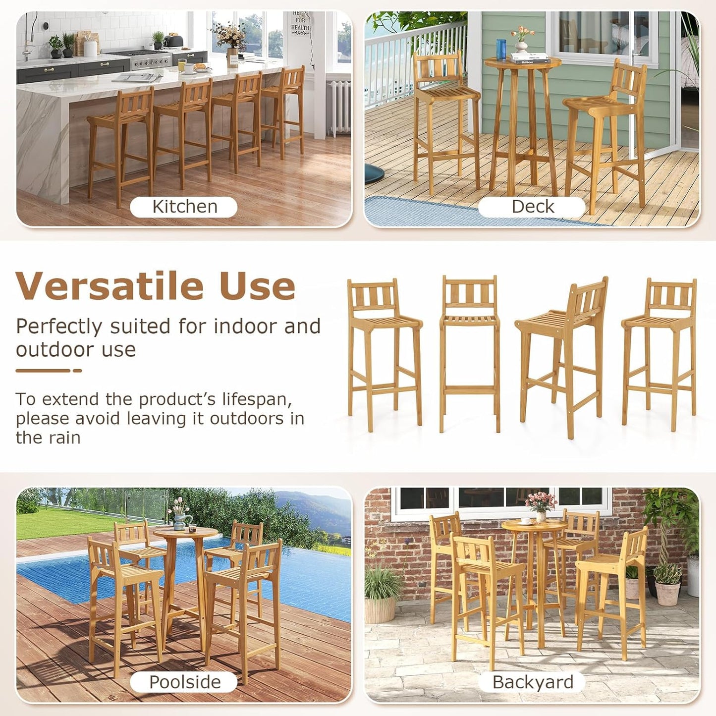 Tangkula Teak Wood Bar Stool, 30” Bar Chair with Footrest & Backrest