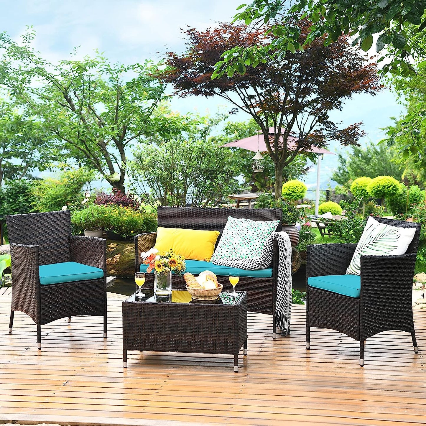 Tangkula 4-PCS or 8-PCS Patio Rattan Conversation Set, Outdoor Wicker Furniture Set with Tempered Glass Coffee Table &Thick Cushion