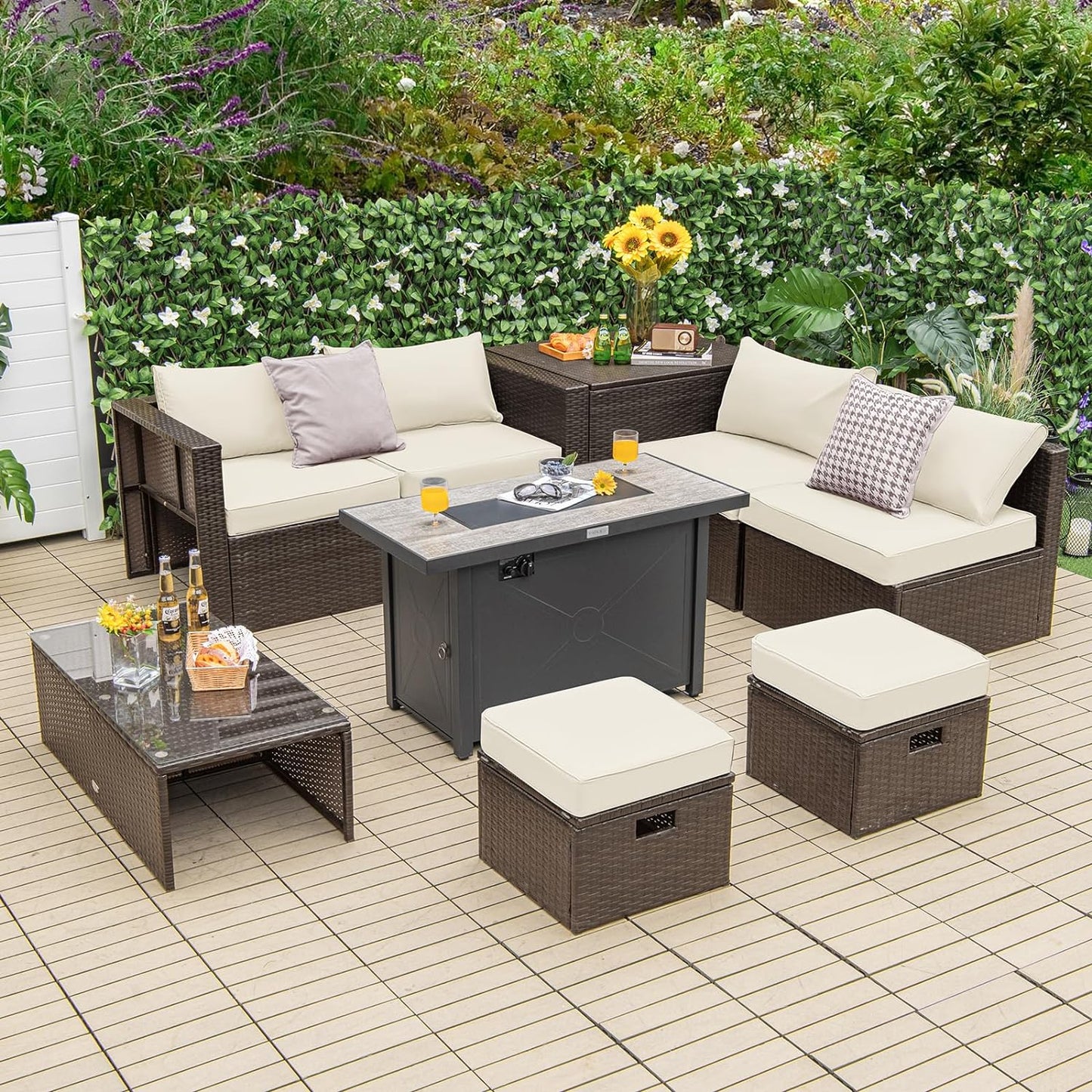Tangkula 9 Pieces Patio 42” Propane Fire Pit Table Set, PE Wicker Space-Saving Set with Storage Box and Cushions, 60,000 BTU Fire Pit Table