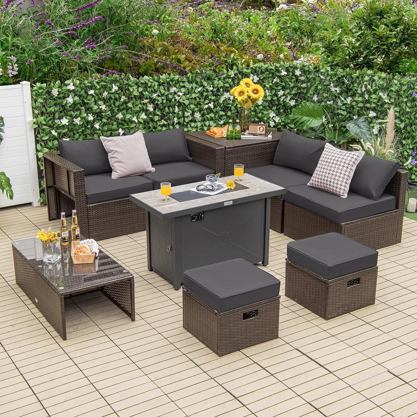 Tangkula 9 Pieces Patio 42” Propane Fire Pit Table Set, PE Wicker Space-Saving Set with Storage Box and Cushions, 60,000 BTU Fire Pit Table