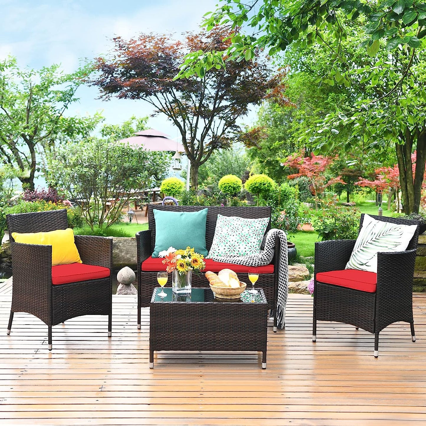Tangkula 4-PCS or 8-PCS Patio Rattan Conversation Set, Outdoor Wicker Furniture Set with Tempered Glass Coffee Table &Thick Cushion