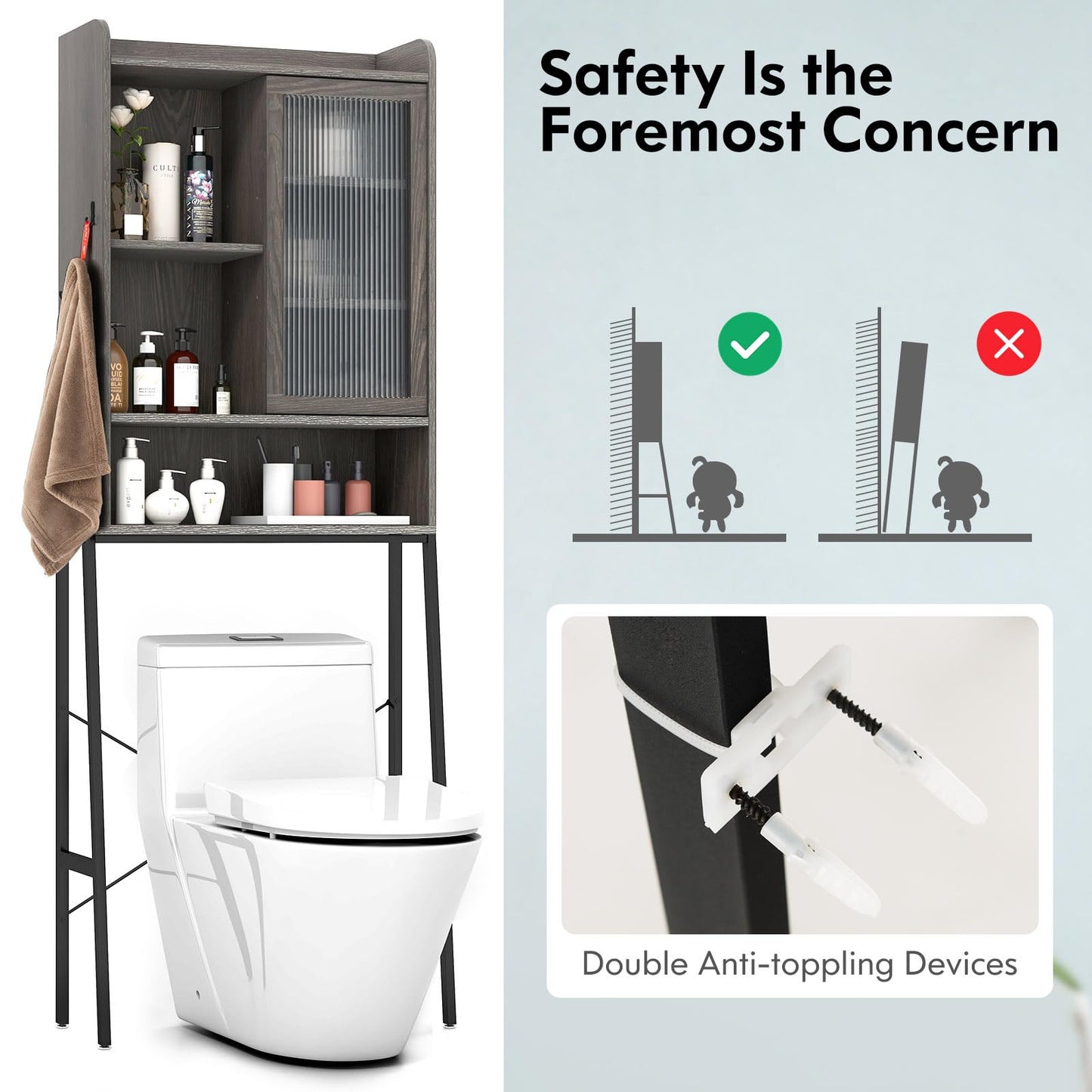 Meuble de rangement Tangkula au-dessus des toilettes, organisateur de salle de bain peu encombrant au-dessus des toilettes avec deux portes et cadre en métal