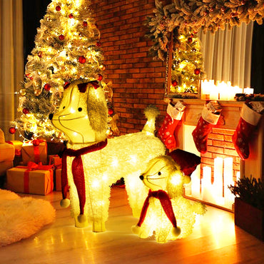 Tangkula 2-Piece Christmas Lighted Dogs, 3D Xmas Light-up Cute Poodle with 60 LED Lights, Red Scarves