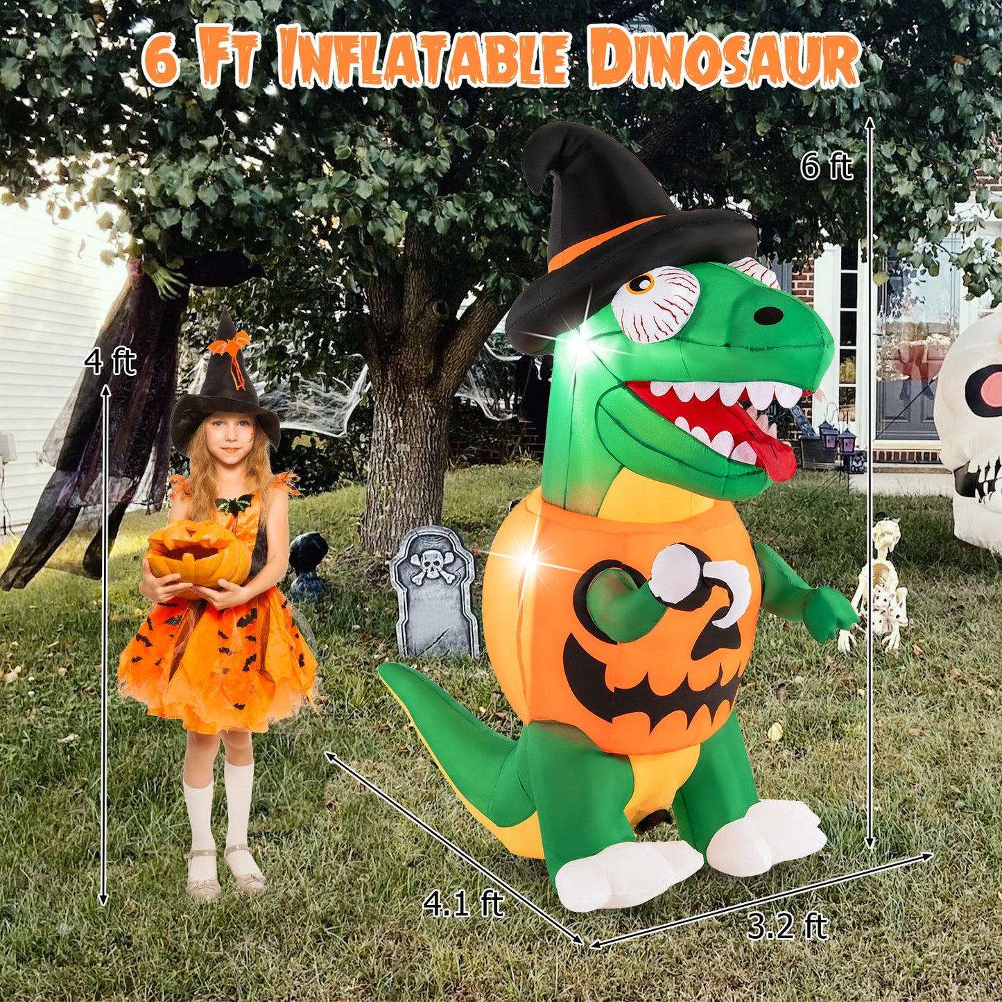 Tangkula 6 FT Gonflables d'Halloween Dinosaure Citrouille avec Chapeau de Sorcière, Main Crochetée et Lumières LED Intégrées
