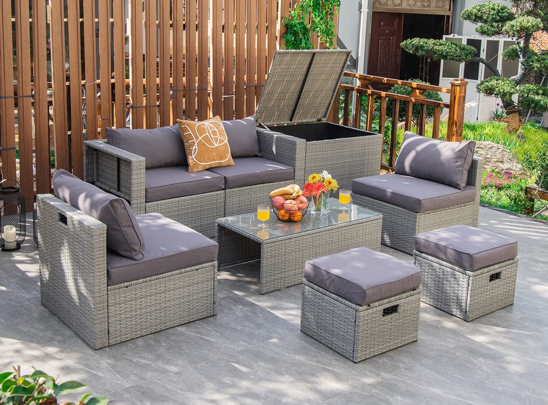 8-Piece Patio Wicker Furniture Set, Coffee Table, 2 Ottomans, 2 Armless Sofas & 2 Corner Sofas