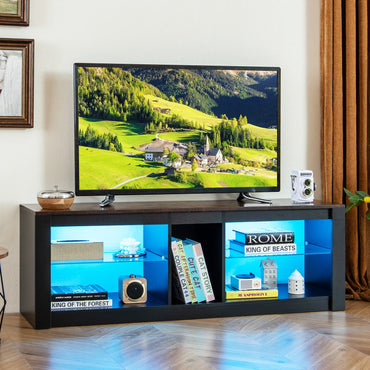 Meuble TV LED Tangkula pour téléviseurs 65 pouces, meuble de divertissement de jeu avec rangement ouvert