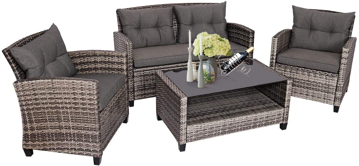 Tangkula 4 PCS Patio Wicker Conversation Furniture Set, Outdoor Rattan Sofa Set with Padded Cushion & Tempered Glass Coffee Table