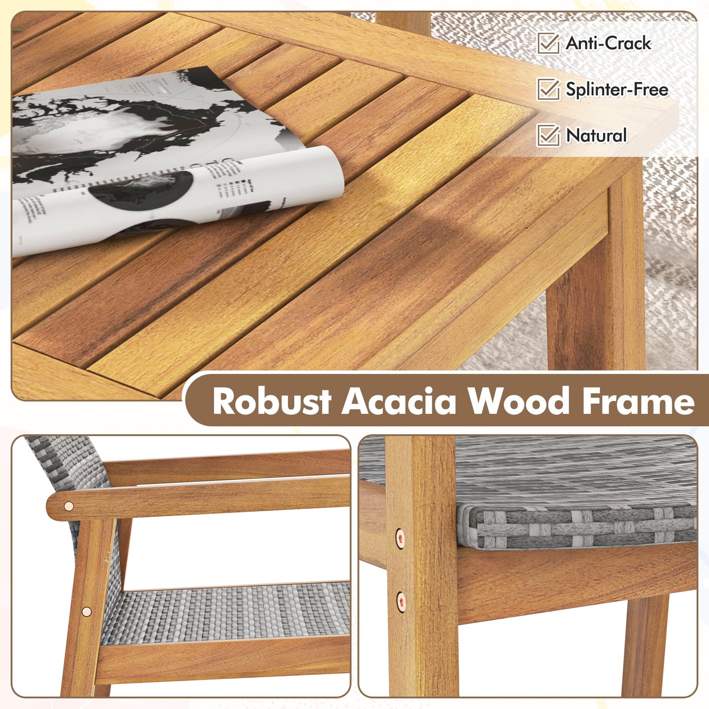 Tangkula 4/8 Pieces Outdoor Furniture Set, Acacia Wood Frame Sofa Set w/Rattan Seat & Back